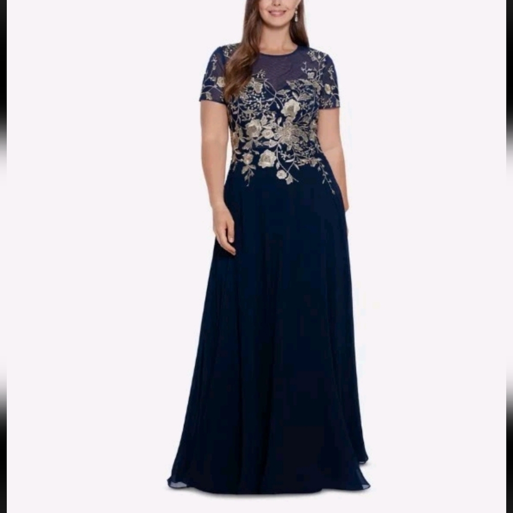 NWT Betsey & Adam Womens 16W Sheer Navy With Gold Embroidery Short Sleeve Gown